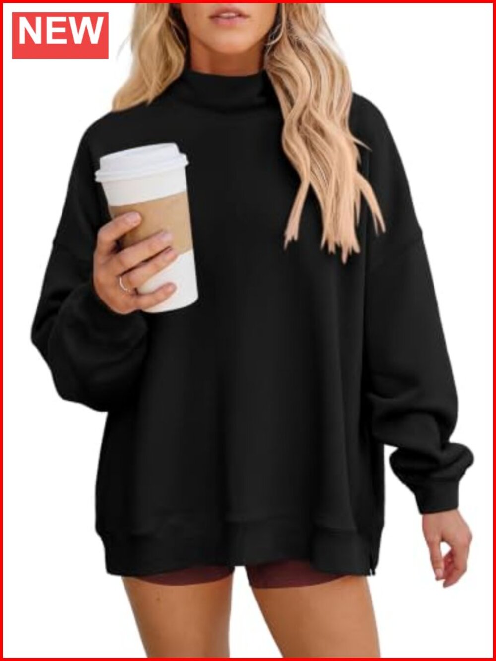 Mock Neck Oversized Sweatshirt Drop Shoulder Loose Pullover